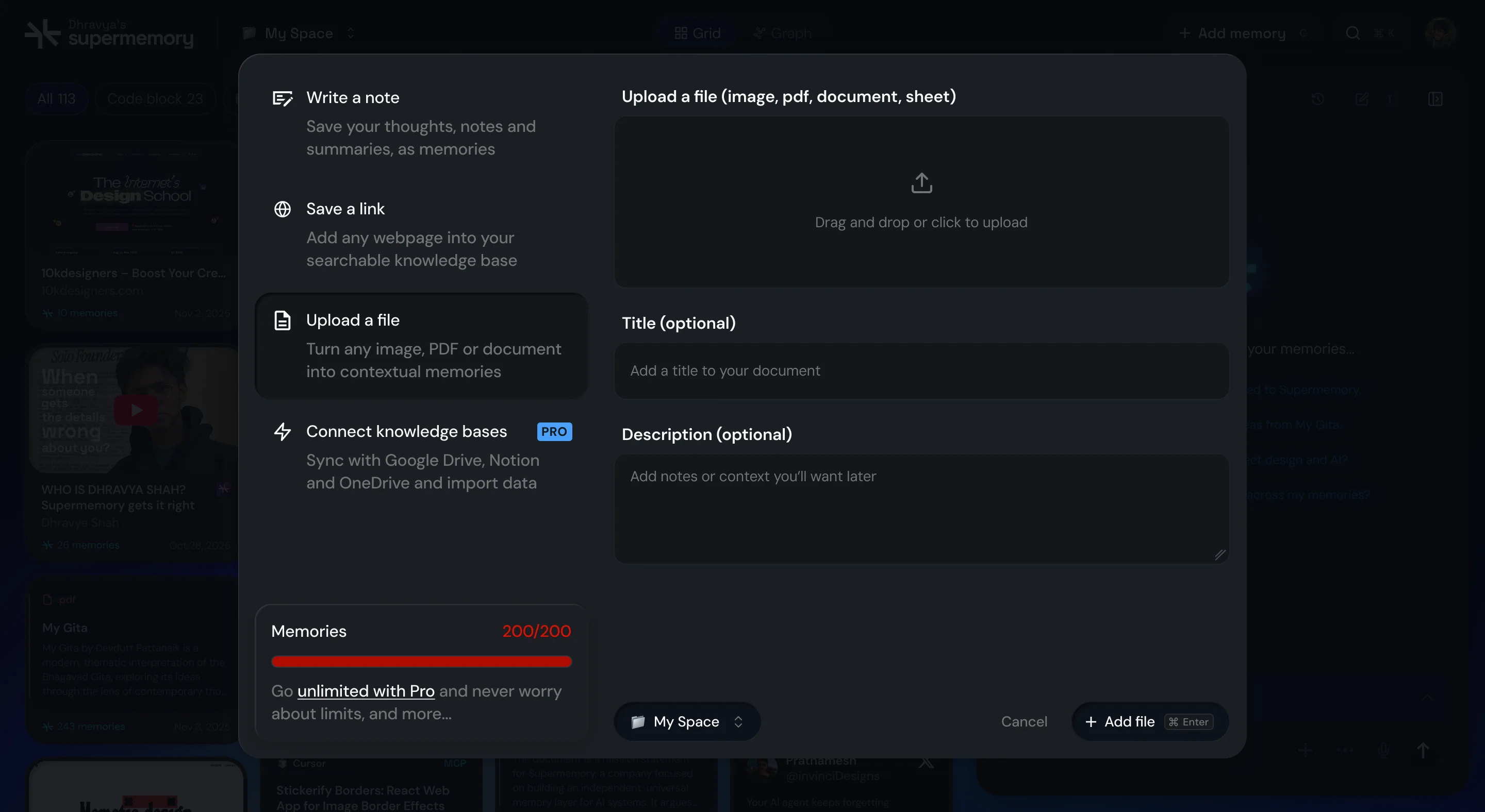 Add memory, file upload